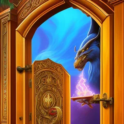 Half opened massive wooden door with lots of engraved magical symbols. Colorfull magical smoke coming out of the door opening. Harry Potter. Magical. Epic. Dramatic, highly detailed, digital painting, masterpiece