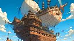huge sea ship flying in the sky, medieval style sea ship, people watching from the ground, beautiful, Ghibli style
