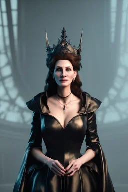 Julia Roberts as evil queen in black leather gown, evil, busty, cleavage, curvy, angry, stern look. character design by cory loftis, fenghua zhong, ryohei hase, ismail inceoglu and ruan jia. unreal engine 5, artistic lighting, highly detailed, photorealistic, fantasy