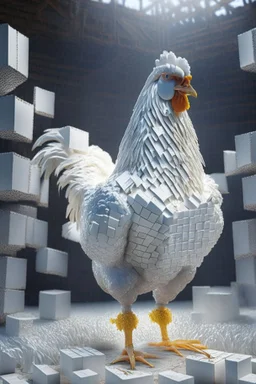 chicken in a farm made out of identical, same-sized cubes, full body portrait, full white, meticulously intricate perfectly symmetrical extremely detailed, full body and melting details, dramatic pose, portrait, pixiv daily ranking, pixiv, extreme depth of field, artstation, sculpture style, spectacular details, volumetric lighting, masterpiece, cinematic, Hollywood production, 8k resolution high definition, max octane render, vivid colors, max resolu