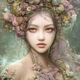 Insanely detailed photograph of an “portrait of gorgeous spring goddess ” with intricate hair, intricate embroidered dress, beautiful clear face and hyperdetailed painting by Ismail Inceoglu Huang Guangjian and Dan Witz CGSociety ZBrush Central fantasy art album cover art,8K, hdr, romantic, mysterious, ominous, beautiful flowers, jewelry, comfort, natural eyes, "arms open for embrace", naked,tasteful