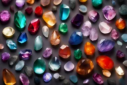 top view of lot of coloured gemstones in candlelight