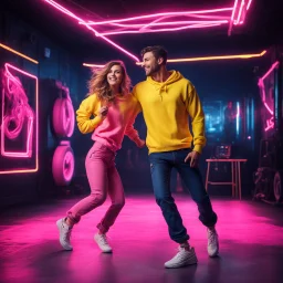 Hyper Realistic photographic-view of a Handsome Muscular Man in yellow sweatshirt-&-Navy-Blue-Jeans dancing-happily with a beautiful girl in pink sweatshirt-&-black-trouser inside a dark-dancing-studio-with-pink-neon-lights including big-metallic-chains & tyres giving there a dramatic & cinematic ambiance