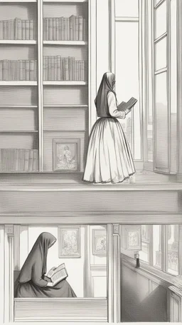 A woman wearing a veil and a wide skirt, and pictures from behind, is reading a book