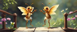 two totally symmetric dancing fluffy angel gremlin slug ant nice cheerleader singing on bridge pointing down in garden , full body portrait T-pose strong aura, oil painting and air brush