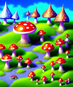 A small and colourful mushroom like village, medevil,fantasy