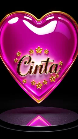 create a beautiful scene of a shiny, transparent glossy shiny vibrant pink glass shield shaped with golden frame like an inflated pinl heart. Its edges gleam with golden brilliance, and delicate. At the center, a white inlaid with chrome, bears the 3D text name 'Cinta' curvy letter surrounded by small metallic golden flowers, background dark,ultra HD 64k hyperrealism studio lightning light reflection