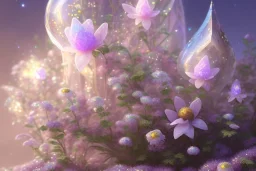 one big crystal subtle flower in a galactic ambiance with a very little beautiful fairy, transparent petals, delicate colors, in the foreground, full of details, smooth, bright sunshine，soft light atmosphere, light effect，vaporwave colorful, concept art, smooth, extremely sharp detail, finely tuned detail, ultra high definition, 8 k, unreal engine 5, ultra sharp focus