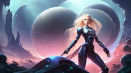 Wide-angle, full body of a woman, with straight blond hair, dressed like a robot, with equipment in her hands, next to a crashed spaceship, on an alien jungle world in the multiverse