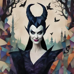 Maleficent with a twisted smile, in patchwork collage art style, background raven woods