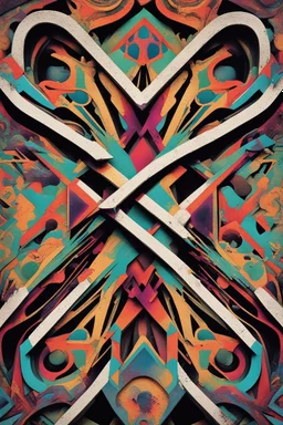 Ornate art deco 'X' splattered with psychedelic paint and graffiti