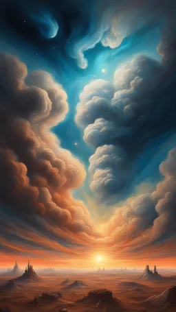 Back in time through a Time Machine in the parallel universe among the galaxies and the stars a big clouds of gas covering the sky from a distance Busch painting style nightmare