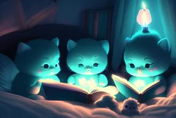bioluminescent cute soft anime chibi kittens in a bedroom, reading a book by candlelight on the bed