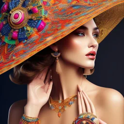 Hermosa mujer con sombrero y vestido coloridos, calidad ultra, hiperdetallado, increíble obra de arte, maximalista,12k