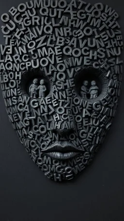 Bosch style painting , A balled face in details . The texture of the face is a collage of many 3D black random letters covering the whole face and the eyes are covered by caves figures