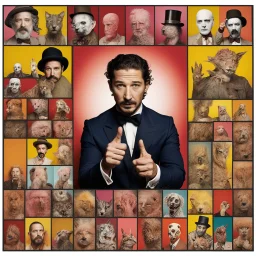 Shia LaBeouf points at other Shia LaBeoufs meme, unbalanced, surreal horror, warm colors, by Tony Fitzpatrick and Ben Goossens, creepy, warm colors, weirdcore, opulent shadows, expressionism, polaroid, by Joel-Peter Witkin