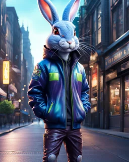 Conejo alienígena antropomorfico con chaqueta, Jens, tennis y gorra en la ciudad, full body, arte anime, calidad ultra, hiperdetallado, maximalista, increíble obra de arte, 12k