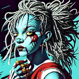 A digital NFT character drawing inspired by Jean-Michel Basquiat's art style, presenting a unique blend of Assassin's Creed attire with a twist of clown aesthetics. This character features blue dreadlocks and assassin-like gear, adorned with the vibrant, complex, and symbolic details reminiscent of Basquiat's work. The creation should masterfully incorporate elements of mixed media art, executed in high-dynamic-range (HDR) color grading for a dynamic and captivating composition.