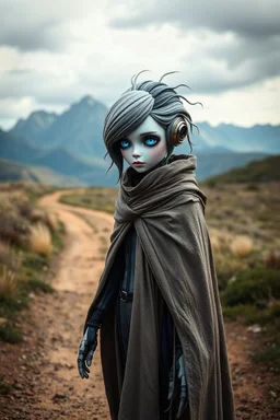 a porcelain mechanical woman with vibrant blue gem eyes, grey and black metallic hair, and a slim frame, covered in a shabby cloak to hide her unusual and inorganic form. She is standing on a dirt path heading to a set of far away mountains. She has a fantastical mature design