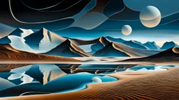 Abstract Landscape with surreal iced desert, mountains, iced water, reflections, sharp lights and shadows . The scene features circles, lines and ovals, all enhanced by overlapping, adding depth and dimension. In the scene old bones lying in sand in the right side. The sky is dramatic, filled with swirling dark clouds , creating an intense atmosphere. The color palette consists of rich, deep hues, watercolor and dark ink, like a dark dream