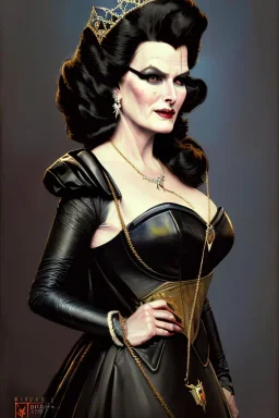 painting of merryl streep as evil queen in black leather gown, feminie, angry, stern look on her face, volouptous, busty, cleavage, emperious, mature, highly detailed, digital painting, artstation, concept art, smooth, sharp focus, illustration, art by gaston bussiere and alphonse mucha