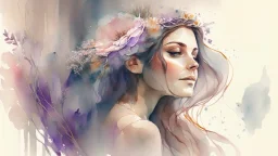 A portrait of a beautiful woman with flowers in her hair, in the style of watercolor painting, soft and dreamy colors, flowing lines, 8k resolution