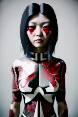 Photo Studio portrait, Asian woman samurai, yakuza body tattoos, symmetry photography, cyberpunk, latex dress, japanese traditional ornaments, red, white, black, led wires, glow eyes, cinematic, Ultra realistic, dark scene, wide angle view, soft color, highly detailed, unreal engine 5, RTX, ultra detail, 3d, finely drawn, high definition.