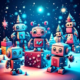 A happy Christmas card from the robots, : Christmas robots , retro style adorable, holding A Christmas NFT , surrealist pixelcore, elements: blockchain snowflakes ❄️, crystal ice blocks,, areas of micro pixelation, , 3d wire code symbols, glass iridescent Christmas decorations and glass filaments, pearlescent filigree Christmas symbols, iridescent sheen, gloss, shiny,