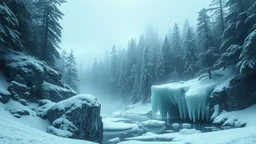 bosque de ecos con entrante rocoso y hielo criogénico en un atmósfera helada y clima de baja gravedad
