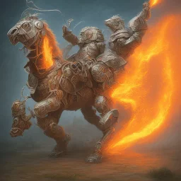 angry horse in orange and blue battle armor, bucking, a highly detailed illustration, background of Inka jungle, realistic render, 8 k, micro detail, intricate, elegant, centered, digital painting, Artstation, smooth, sharp focus, illustration, artgerm, tomasz alen kopera, peter mohrbacher, donato giancola, joseph christian leyendecker, wlop, boris vallejo