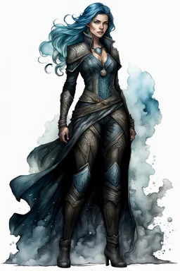 create an iconic female fantasy full body RPG character illustration with highly detailed facial features in the art style of Wayne Reynolds, ink wash and watercolor, 8k, ArtStation, DeviantArt