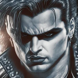 Sincity comic, a vampire glamrock. Closeup.