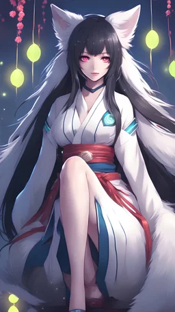 A close hot picture of Ahri with black hair and Japanese Clothes and nine White fox tail with neon glowing in fantasy world