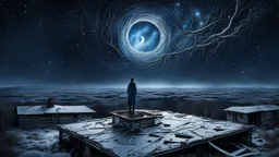 a solitary figure standing on the roof of an abandoned house at midnight, staring into an endless frozen cosmos where shattered moons and impossible constellations drift in silence. The stars feel painfully close yet forever unreachable, while the universe bends like a dream around them. Deep sorrow, quiet longing, surreal realism, cinematic moonlight, cold blue and silver palette, poetic emptiness, ultra-detailed, haunting atmosphere.