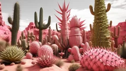 A pink desert with spiky cacti designed in ancient Egyptian architectures and sculptures painted by Henri Robert-Bresil