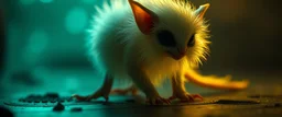 glowing quickling gremlin in the shadows with long fluffy white fur