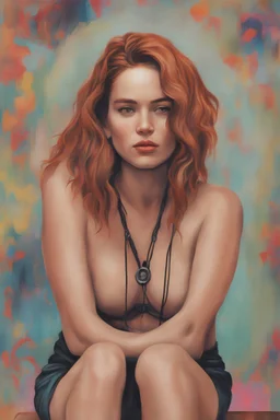 Nipples erect Frida Kahlo style Ginger hair Jennifer Lawrence she of lovely Nipples erect bombshells who she Hoodie on draws on style Pop Art psychology oil paiting In depth psychology display in the background in the city artgerm display in the Miami Vice the 2024th century oil paiting. and the city itself seemed like a big illusion, full of light and shadows GTA VI Miami Vice city the 2024th century