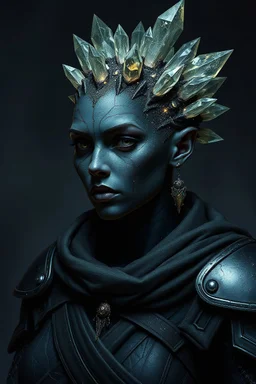 Please generate a female earth genasi cleric in the tempest domain for D&D. She should have dark, stone-colored skin with glittering sparkles like gem dust. She should have lines marking her skin like cracks, showing glimmering gem-like veins. Instead of hair, her head is covered in short, spiky crystals. She is fully-clothed in cleric robes and medium armor. Dark, moody "twilight hour" vibe