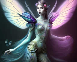 Beautiful mystical butterfly portrait, dark fantasy, romanticism, acrylic paint, chinese painting, magazine, highly detailed, ethereal, otherworldly, backlighting, rays of shimmering light, persian empire, artstation, silver, purple, black, teal, aqua, yellow, olive, vibrant, intricate,