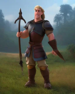 strong medieval warrior with short blond hair, blue eyes and wide warm smile with an axe with green and brown clothes