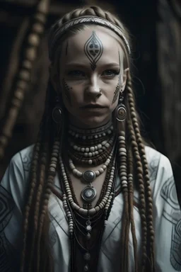 Porträt einer jungen Schamanin mit langen weißen Braids, und schwarzer Haut. Sie trägt ein Kleid im Zigeunerstil und hat weiße Augen und Tätowierungen auf dem Gesicht im Fantasy Stil.