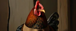 amish hen dressed in amish outfit, painted by Rembrandt, Escher and Giger