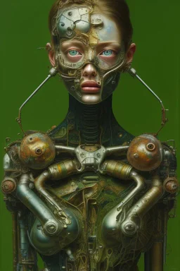 an ultra realistic painting, by lucian freud and klimpt, rust, scaffolding, iron cladding, mixed media, textured, anatomically correct, beautiful woman perfect face, green eyes, sharp focus, highly detailed.