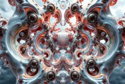 Dynamic complex hypnotic fractal 3D Symmetrical structures with mirrors twisting and morphing between organic and geometric forms , smooth translucent iridescent glass with inner glow and bubbles, varied transparent materials, stormy skies, intense dramatic