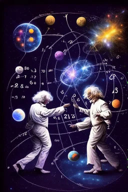 Albert Einstein and Richard Feynman playing with numbers & atoms in outerspace with planets, cosmic gas, stars, moons, and comets dancing around them