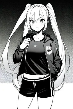 blonde girl with ponytails dressed in a jacket and shorts walks proudly, greyscale