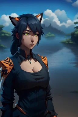 Anime portrait, anthropomorphic wolf character with fox ears and a tiger's tail, 8K resolution, ultra graphics, high quality, and detailed with lines.