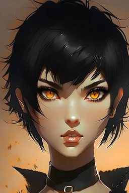 waifu pelo corto ojos ambar pelinegra con colmillos