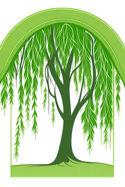 Logo of a pretty green willow tree with long hanging branches, outside a square window with an arch, monochromatic, emphasize the window.