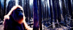 close up of a bigfoot in documentary photography, burned trees, Wildfire, Smoke, burning, forest fire, August 1995, Yeti, Dystopian, Japanese, Extreme depth of field, bokeh blur, Alberta, all-natural, in the style of candid, imperfection, natural lighting, Professional shot, shot on Agfa, Fuji Film, Anamorphic lens --ar 4:5 --w 150 --style raw